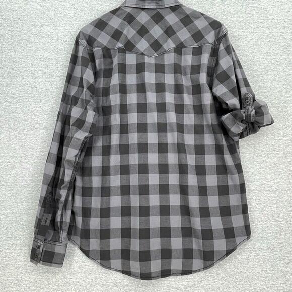 Decree Shirt Mens Large Black Grey Plaid Button Up Roll Tab Sleeve Pockets - Picture 3 of 10